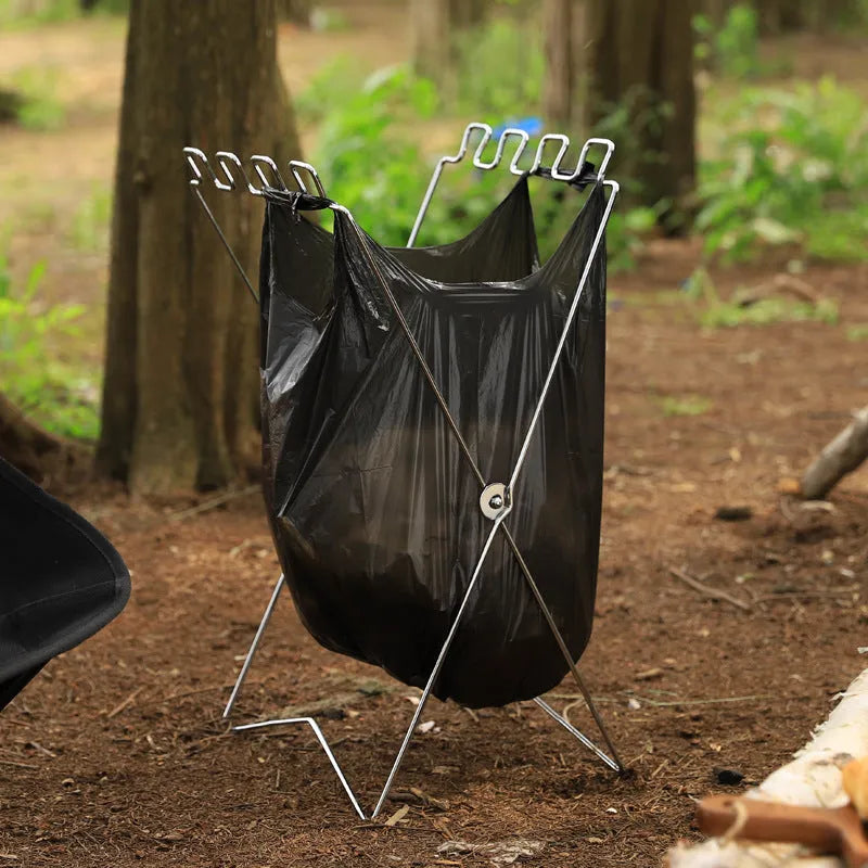 Stainless steel camping garbage bag bracket in Korean style design shown in black colour