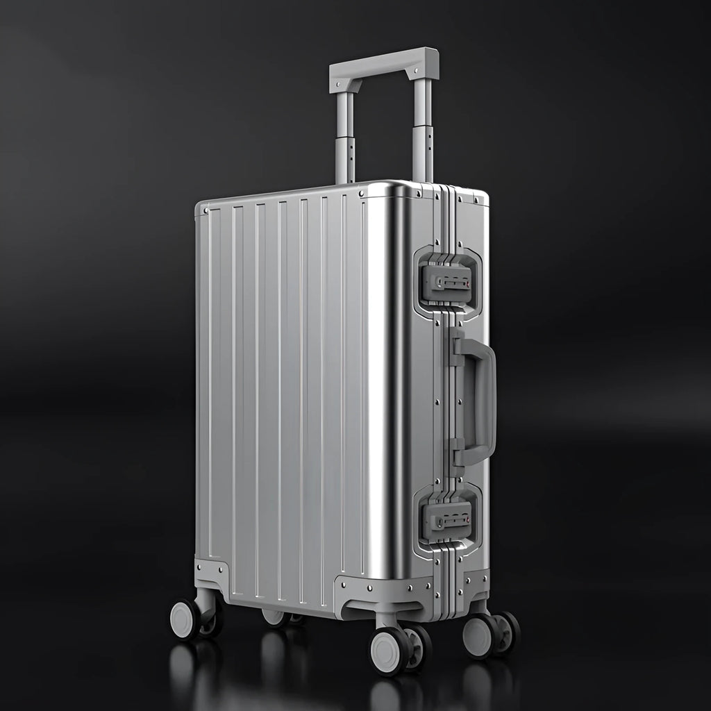 Aluminium-magnesium alloy luggage suitcase with striped pattern and silent spinner wheels