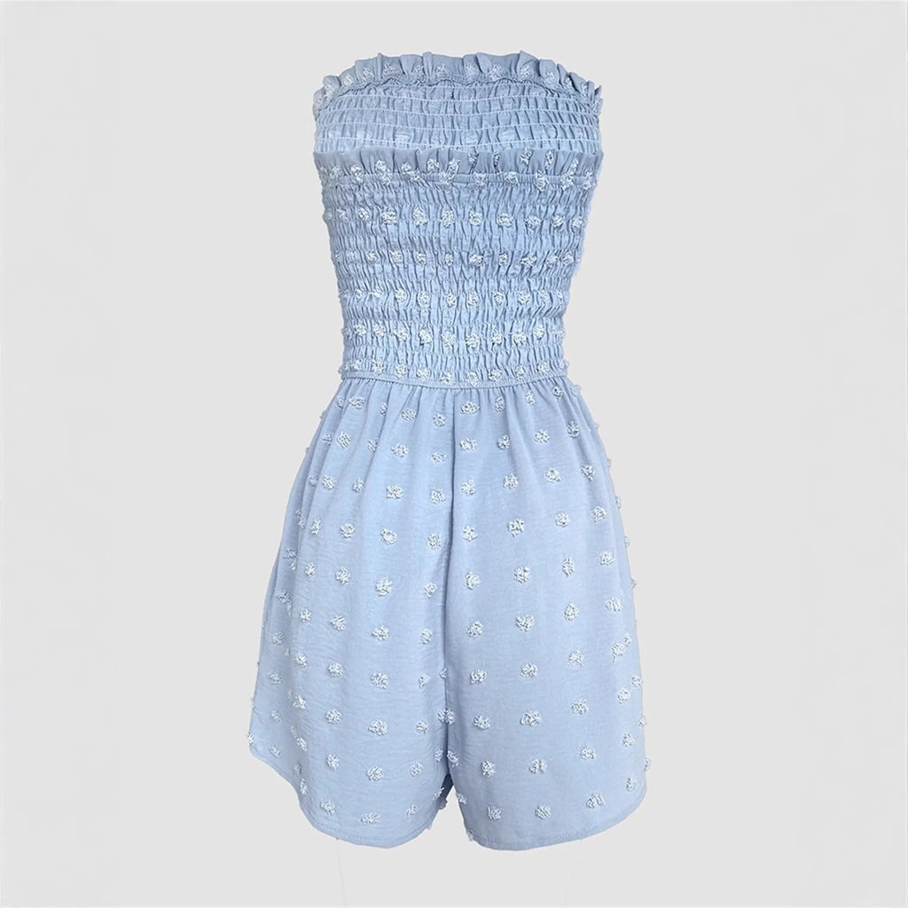 Women's blue sleeveless off-shoulder jumpsuit with button detailing and mid waist design