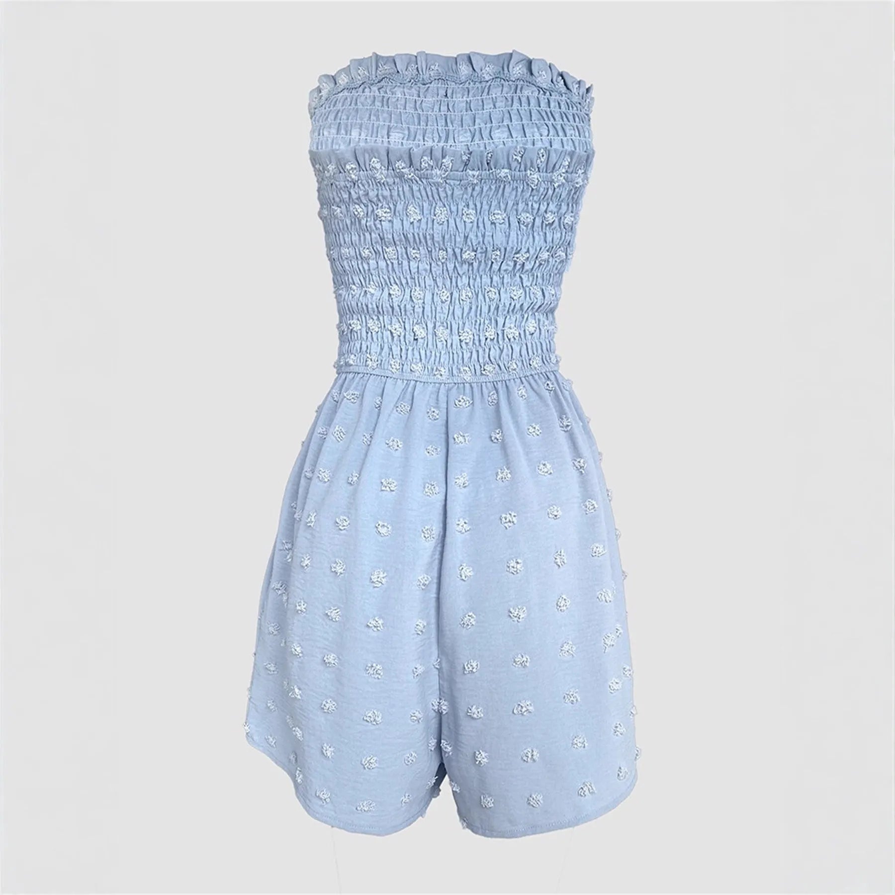 Women's blue sleeveless off-shoulder jumpsuit with button detailing and mid waist design
