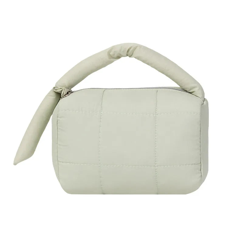 Cylindrical cotton cloth puff cosmetic bag in four colours including Rose Red, Pink, Purple, Green, ins style, no logo