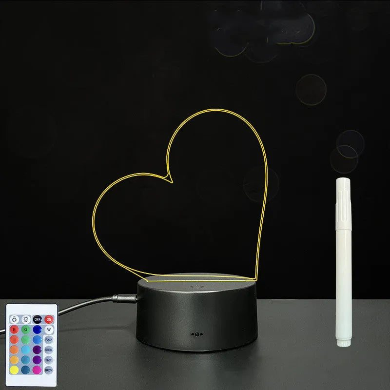 3D acrylic LED message board with touch control, black ABS base, USB cable, and stylus pen on desk