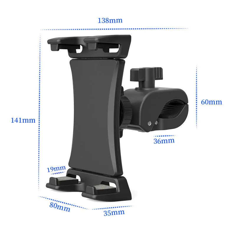 Black ABS plastic bicycle handlebar mount for a mobile phone or tablet.