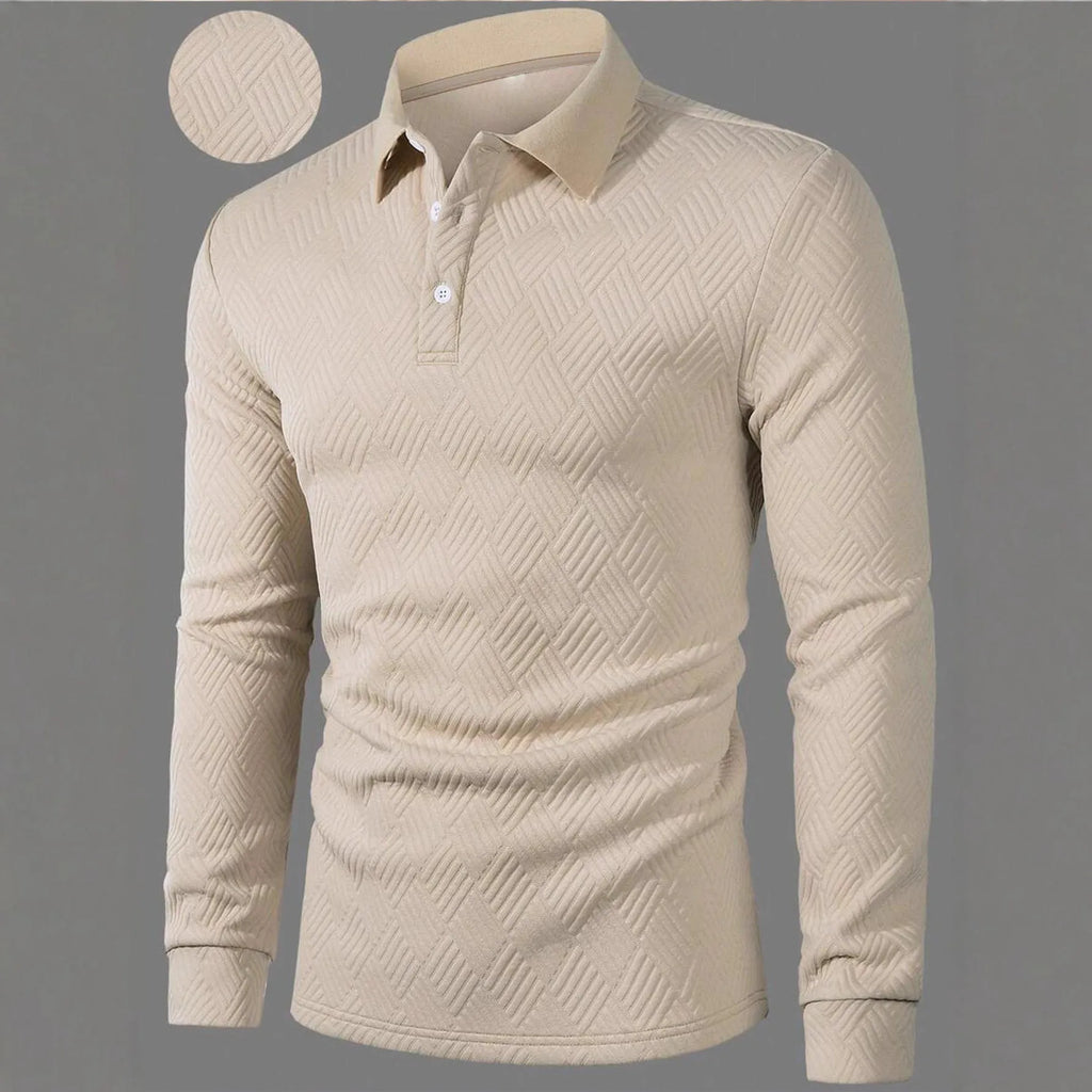 Men's solid colour long sleeve polo shirt with lapel collar in black, loose fit polyester fabric