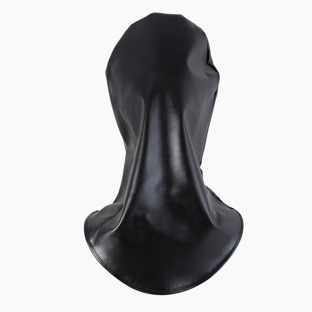 Black leather adult face mask with breathable mesh eye area and adjustable fit straps