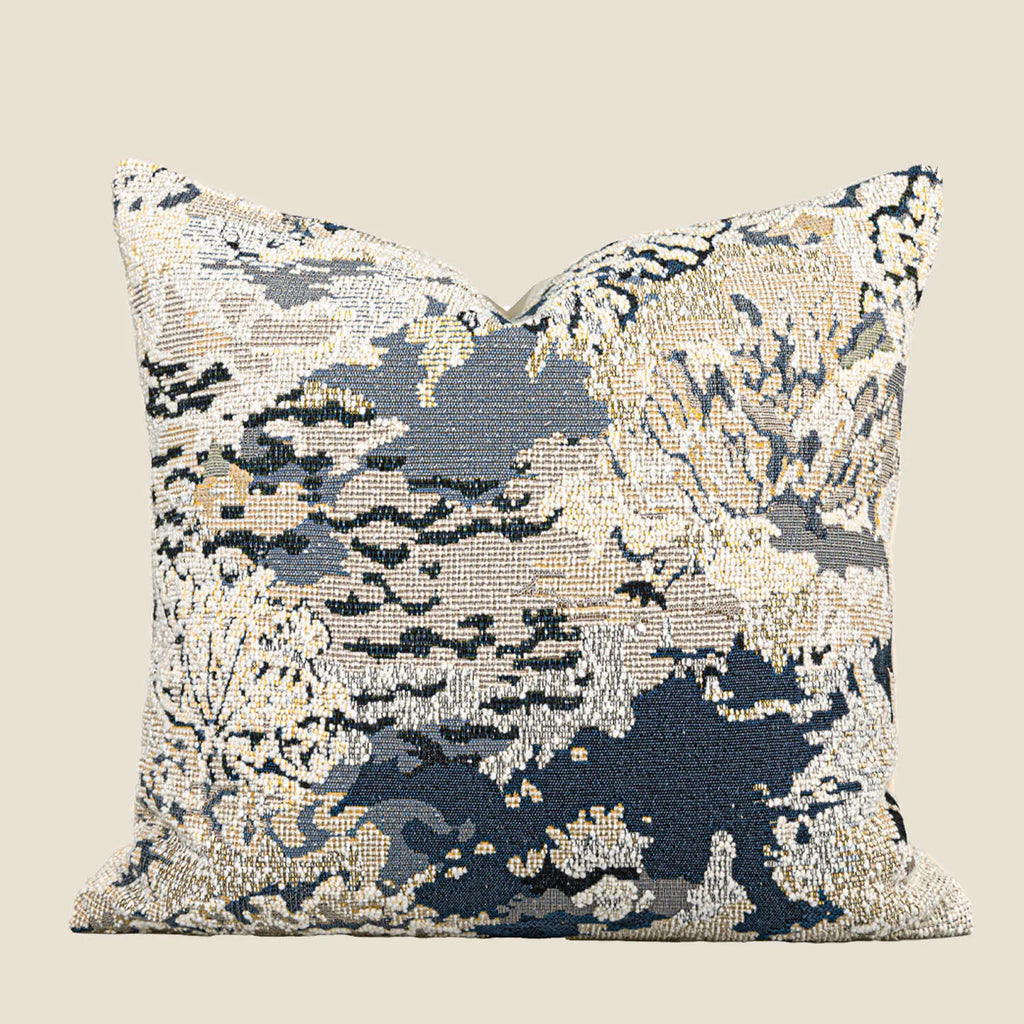 Antique blue wool blend decorative pillow with abstract flower pattern in square and waist pillow sizes.