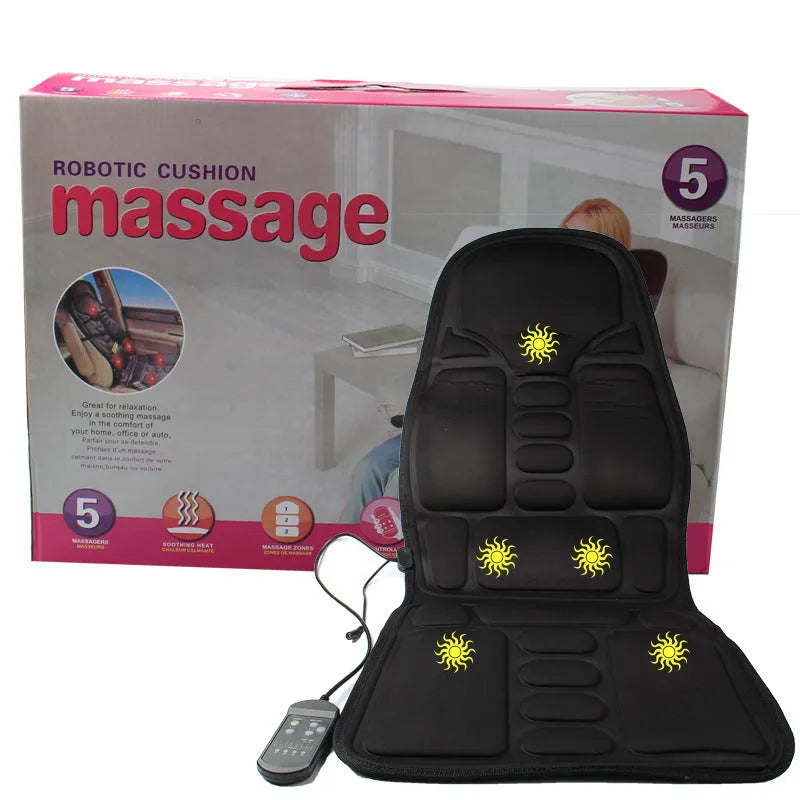 Black heating massage mat with infrared physiotherapy function and adjustable speed control on seat cushion