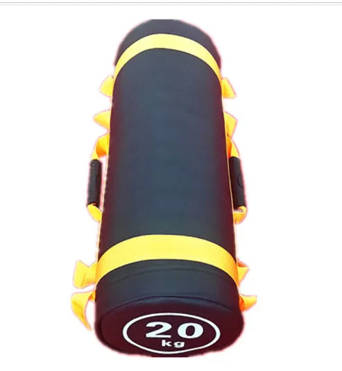 Flat white leather PVC fitness sandbag for weight training on a gym floor.