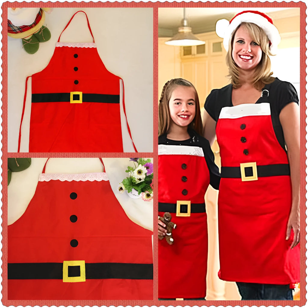 Red Christmas themed apron for adults and children with adjustable neck and waist straps