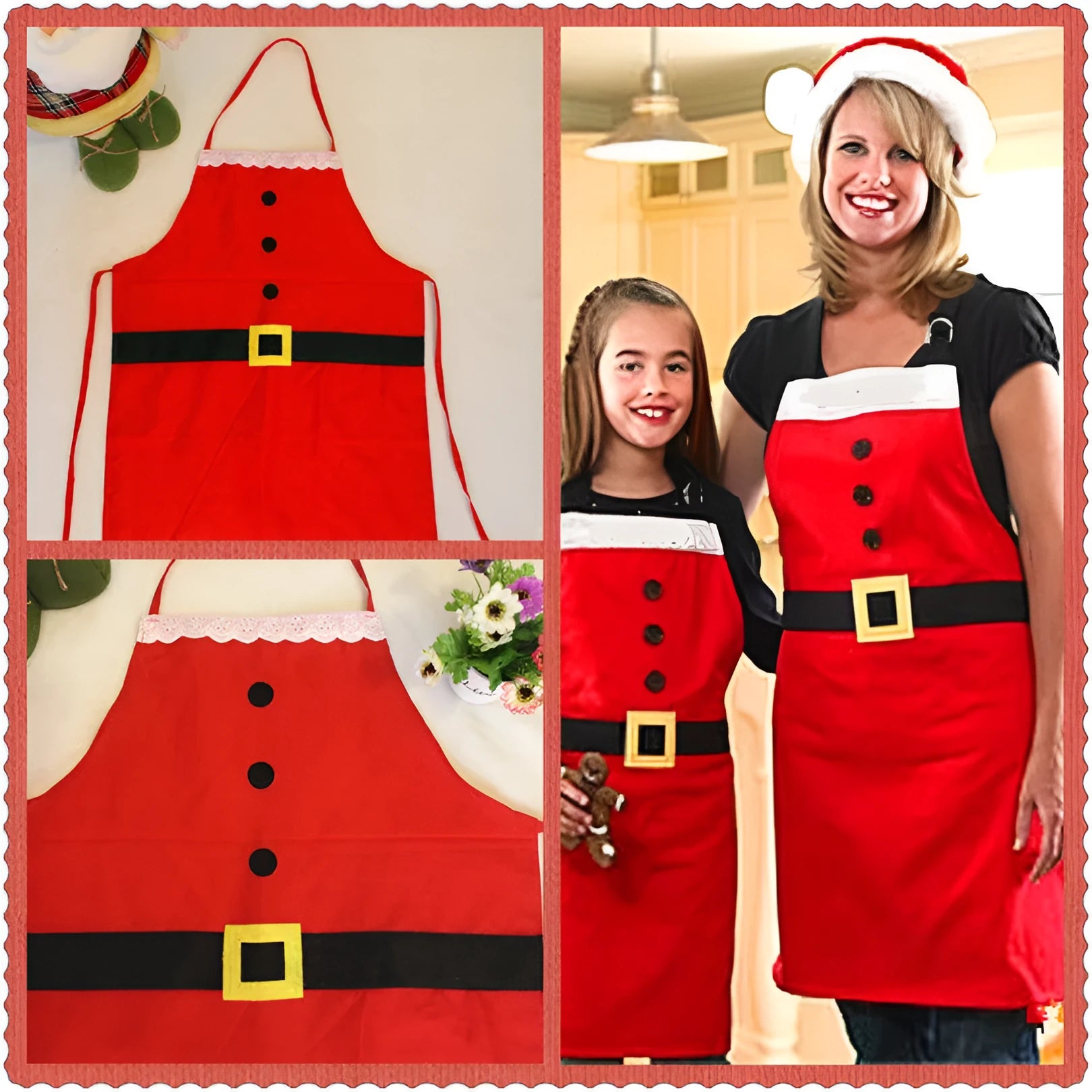 Red Christmas themed apron for adults and children with adjustable neck and waist straps