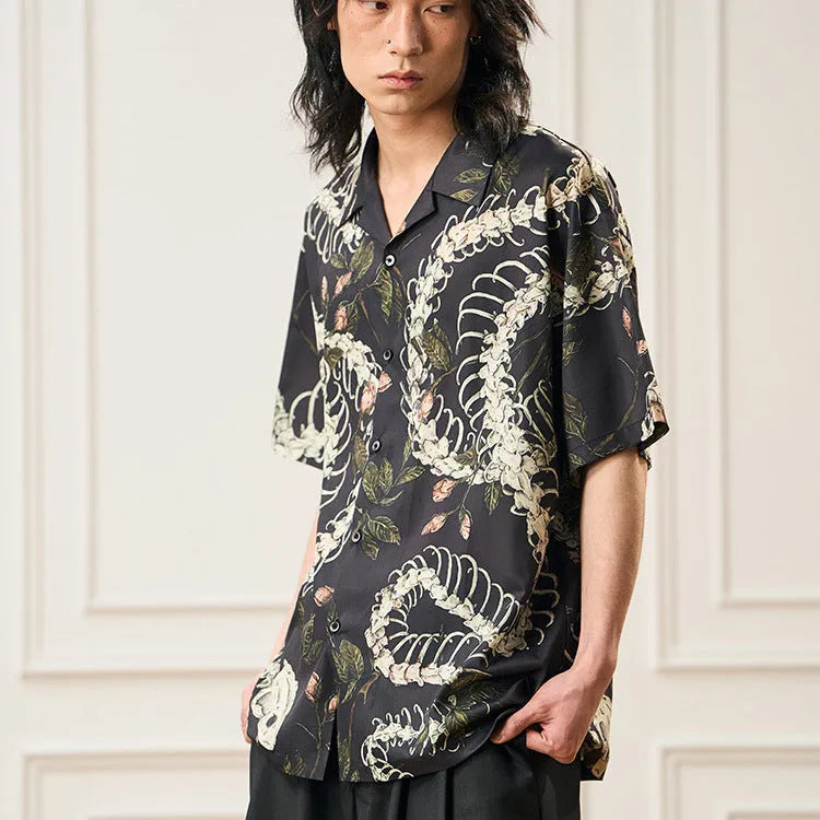 Men's loose-fit Cuban collar shirt with a snake bone floral pattern on short sleeves.