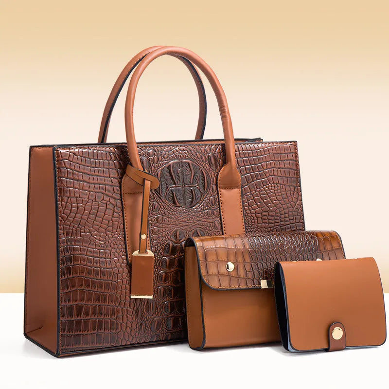 Women's three-piece PU leather handbag set with crocodile pattern in horizontal square design