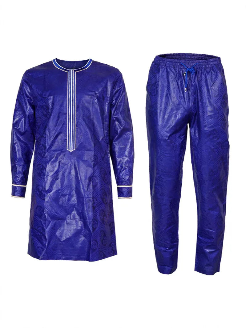 Plus size men's three-piece figured cloth suit in dark blue – outer robe, shirt, trousers for daily wear