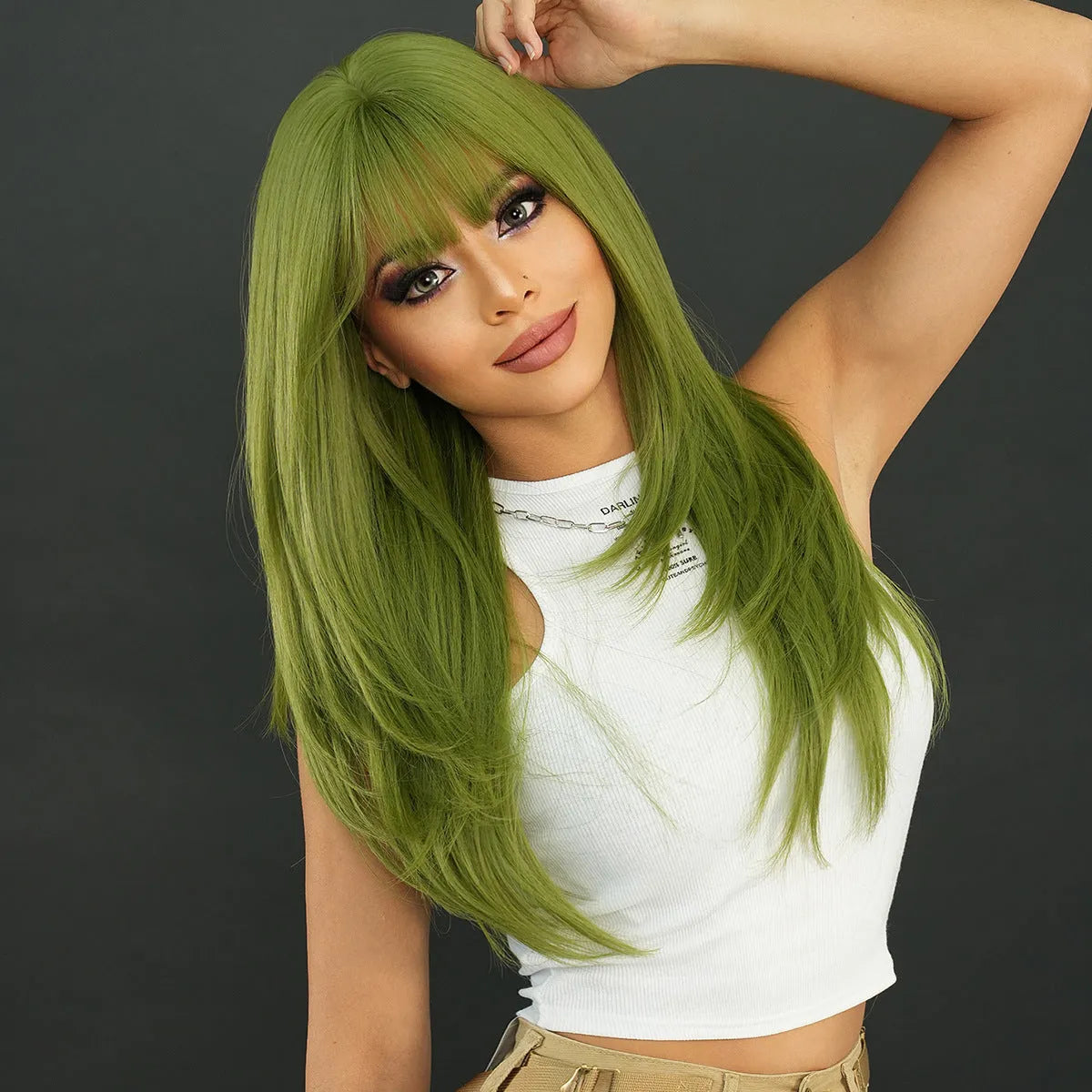Vanilla green straight women's wig 63cm long with straight bangs and domestic silk material
