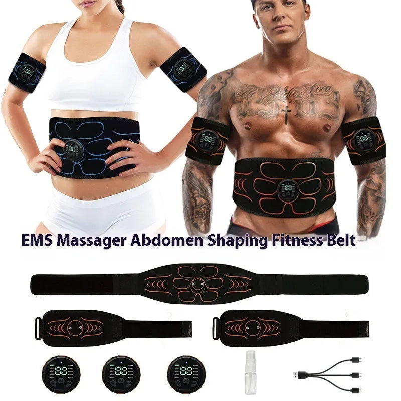 Silicone EMS belly shaping belt with stimulator unit, belt, and hand straps on a white background