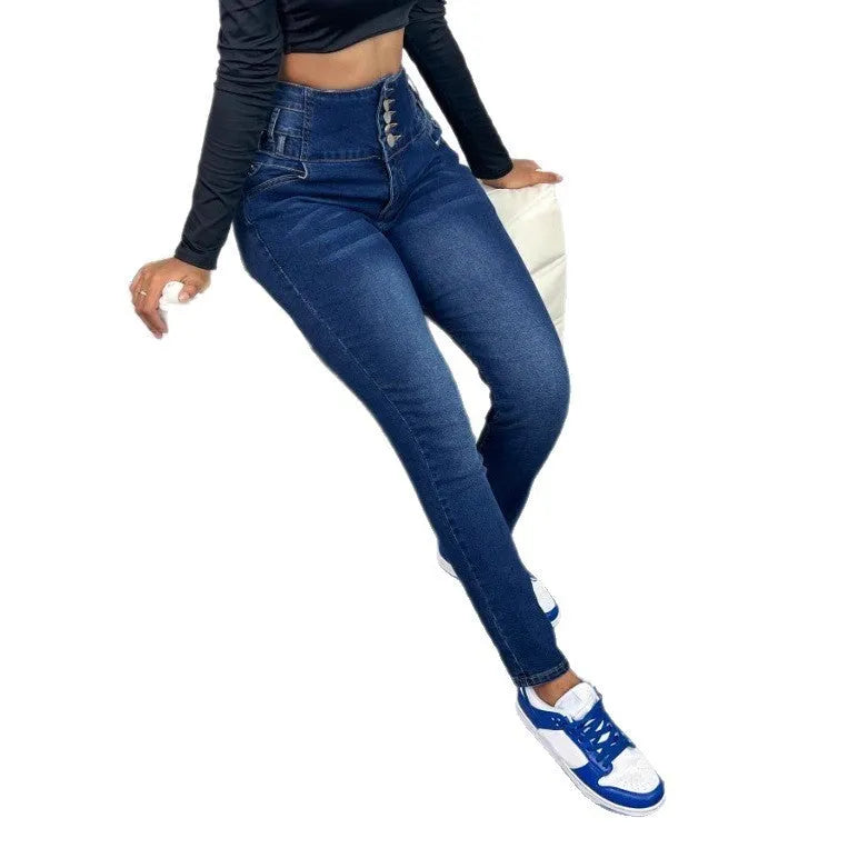 Women's dark blue straight-leg breasted denim trousers with button front and skinny cut