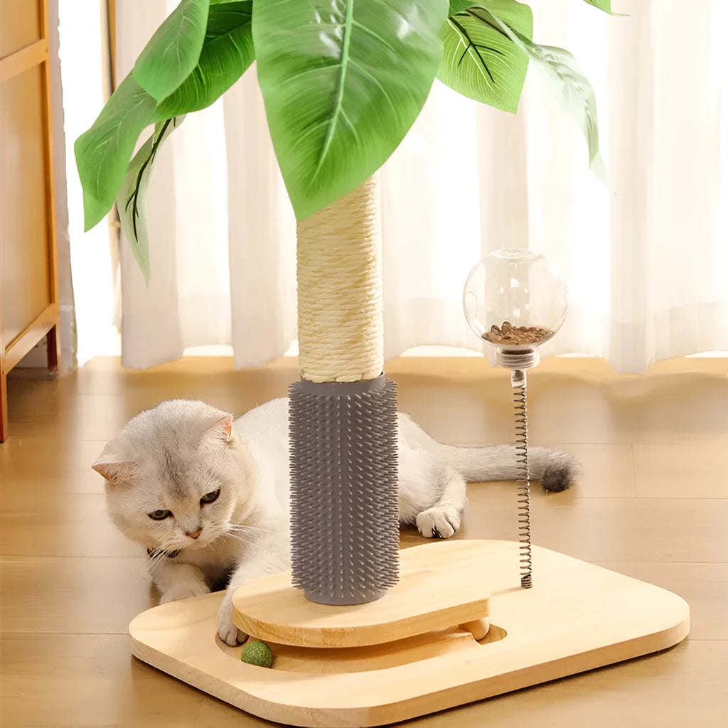 Natural canna coloured wooden cat scratching post with sisal rope and a dangling white ball toy on a grey carpet
