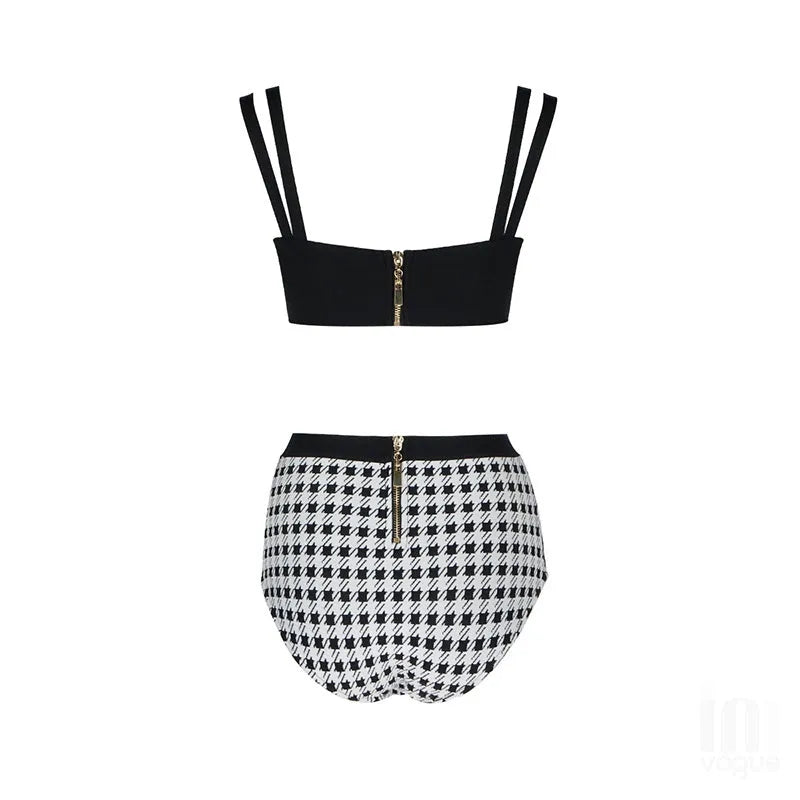 Black houndstooth push-up bandage bikini set with triangle top and split-leg bottom