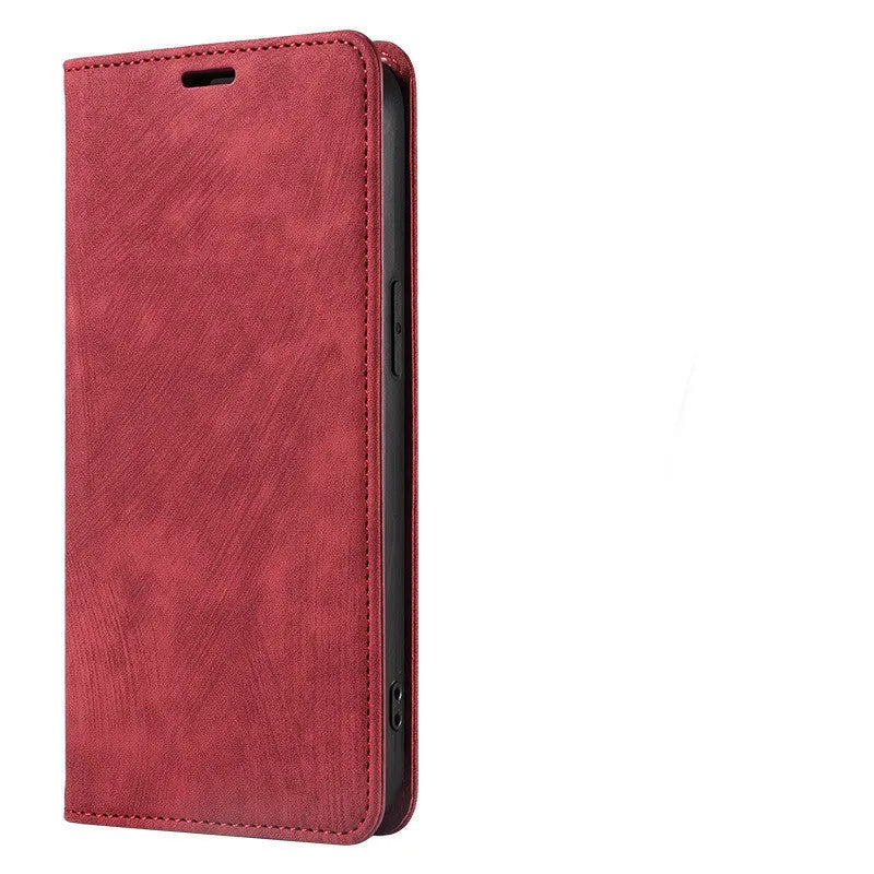 Magnetic flip leather phone case for iPhone shown closed and open, revealing card slot and screen.