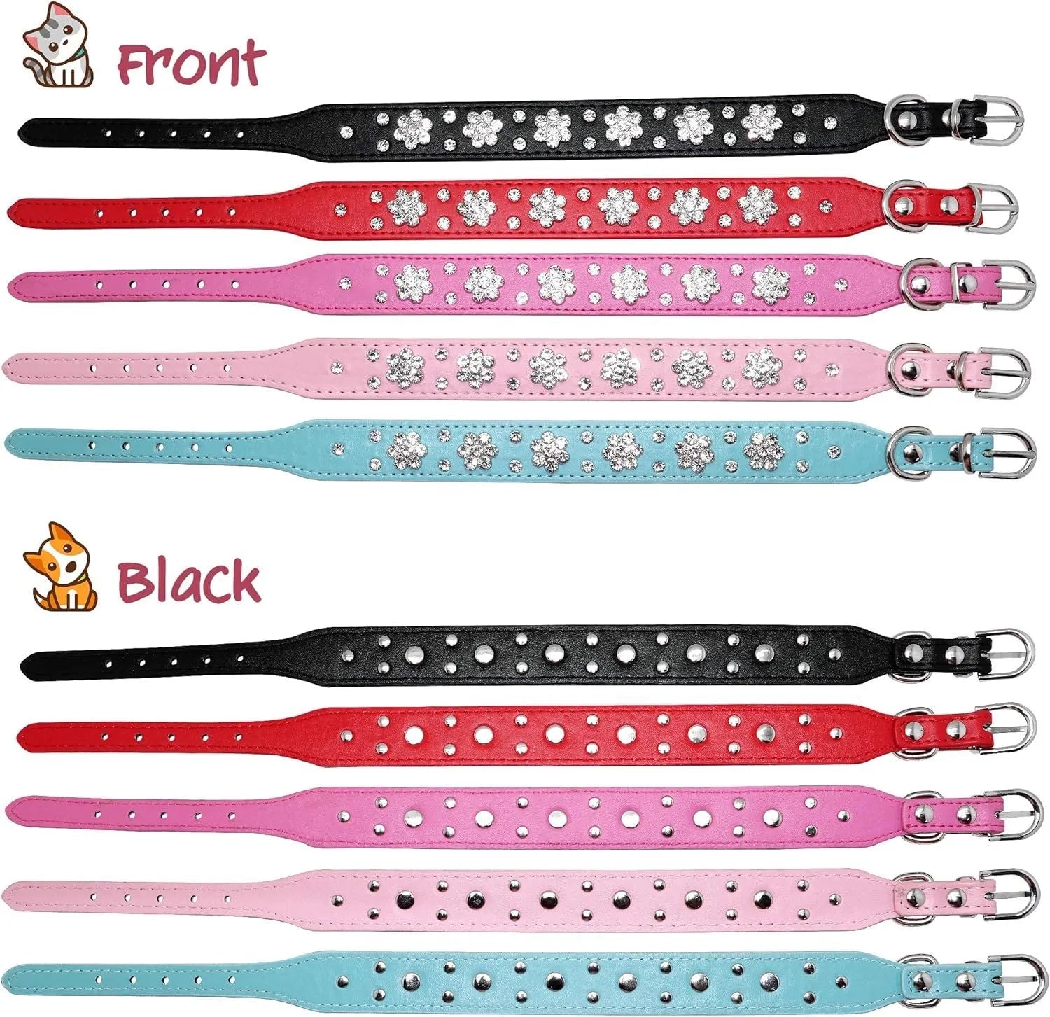 A decorative black PU leather dog collar with a sparkling rhinestone flower pattern and silver metal studs, shown adjusted with a metal D-ring.