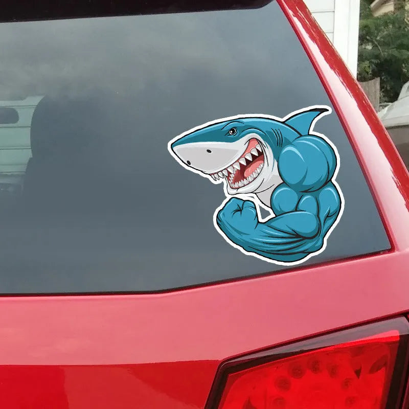Bodybuilding shark 3D cartoon sticker on car bumper, 15 x 14 cm, PVC material