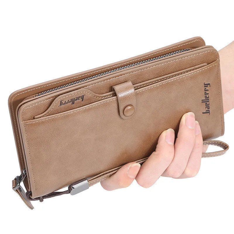 Men's retro multifunction phone bag wallet in brown PU leather with horizontal square design and multiple compartments