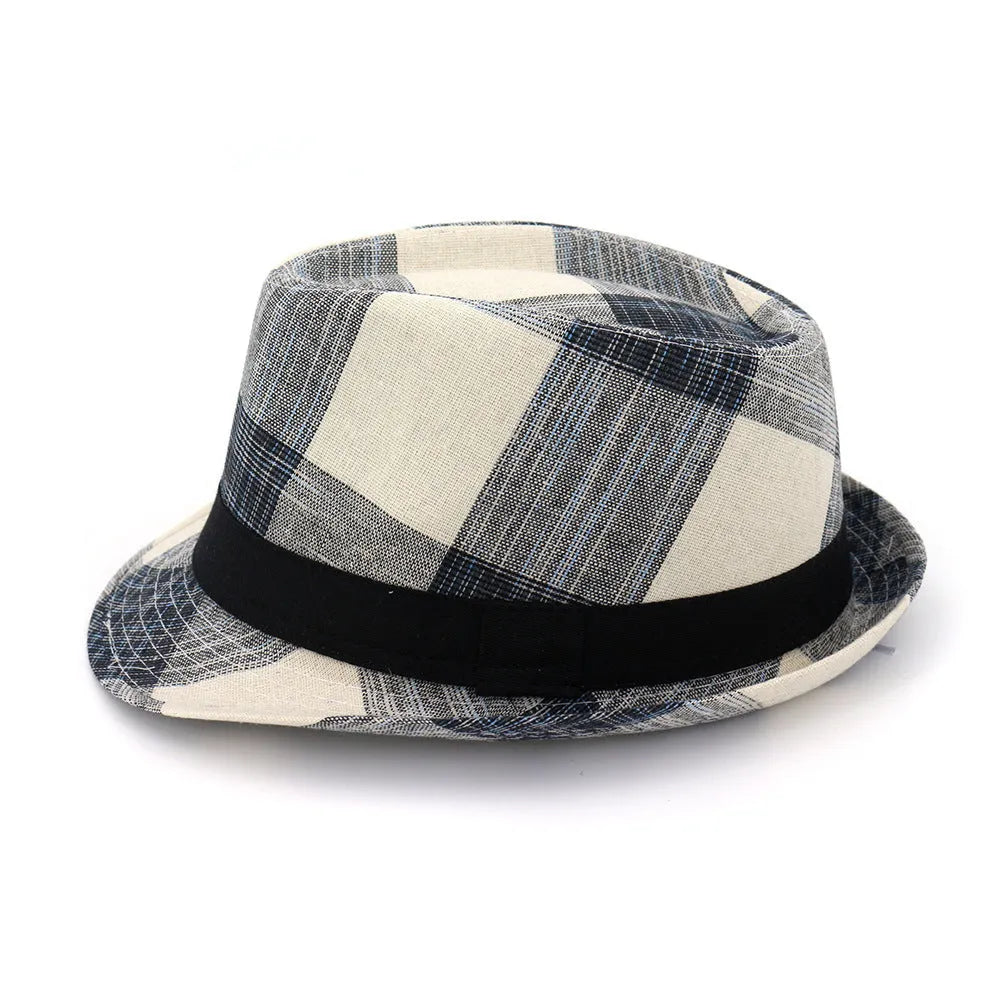 Blue casual sun hat with a bell-shaped crown and a medium-width brim on a wooden background.