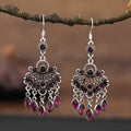 Purple retro drop earrings with long fringe tassels and ethnic design elements
