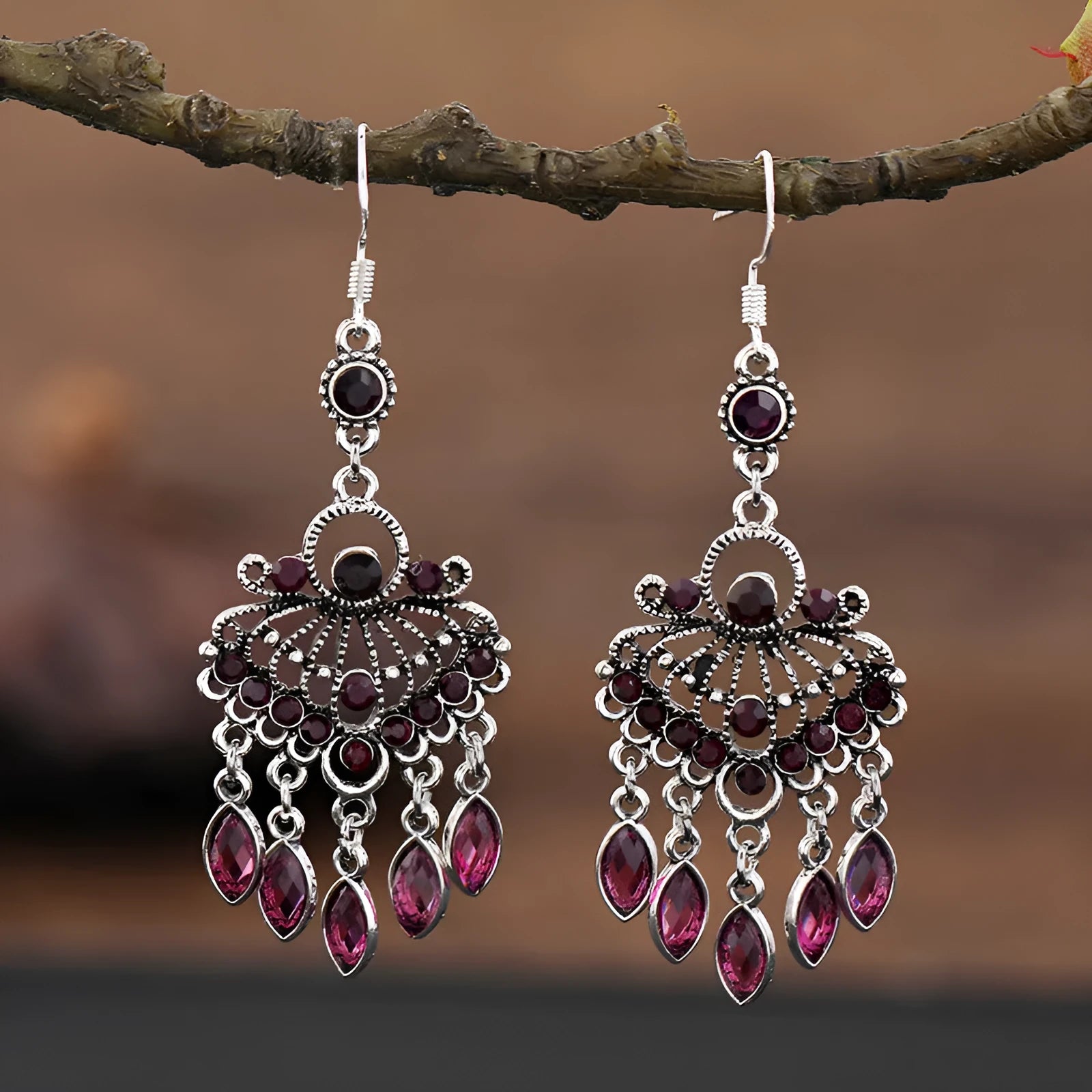 Purple retro drop earrings with long fringe tassels and ethnic design elements