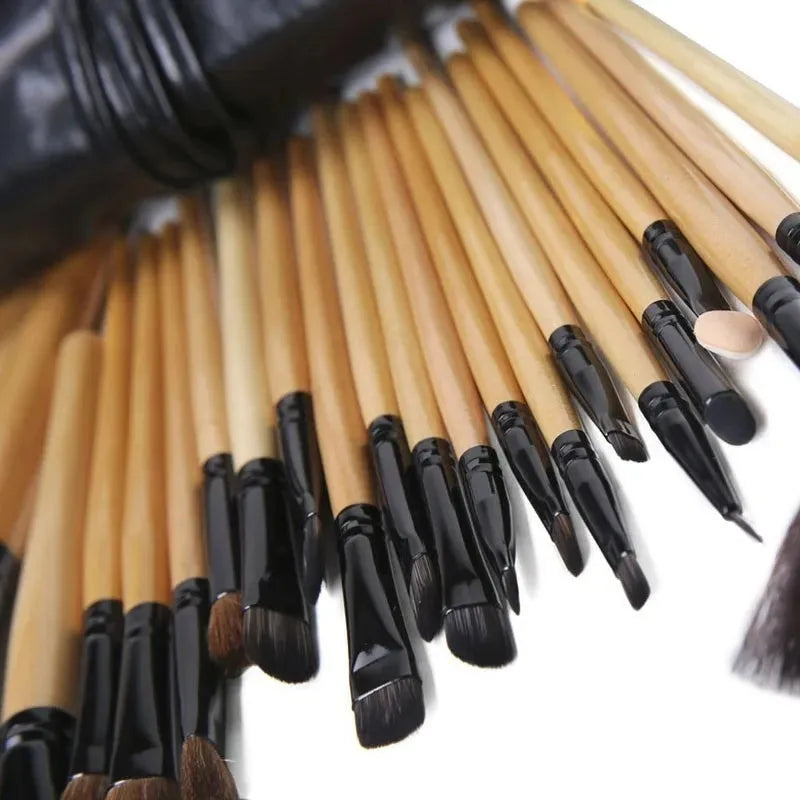 24-piece professional makeup brush set with wooden handles in gift bag packaging