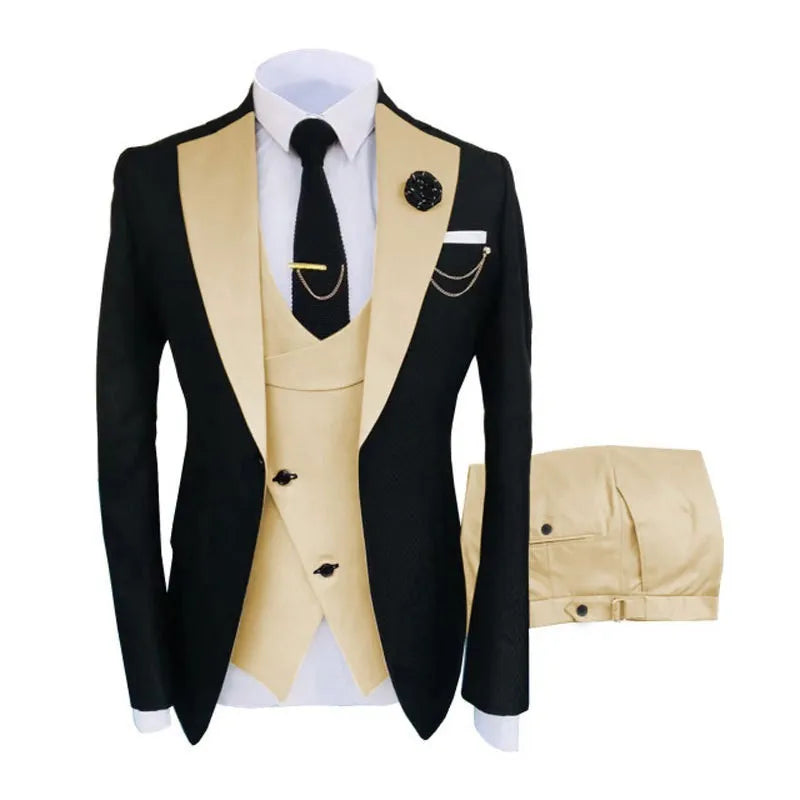 Men's black slim fit three-piece business suit with coat, vest, and trousers on a hanger.