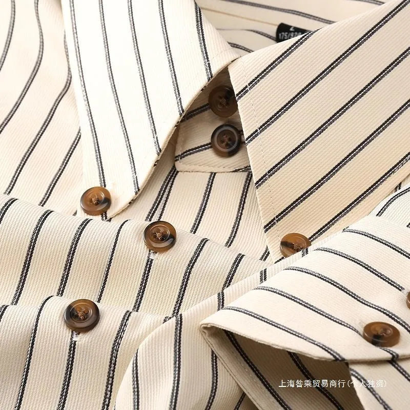 Men's non-ironing striped long-sleeved shirt with wool lining in coffee colour on hanger
