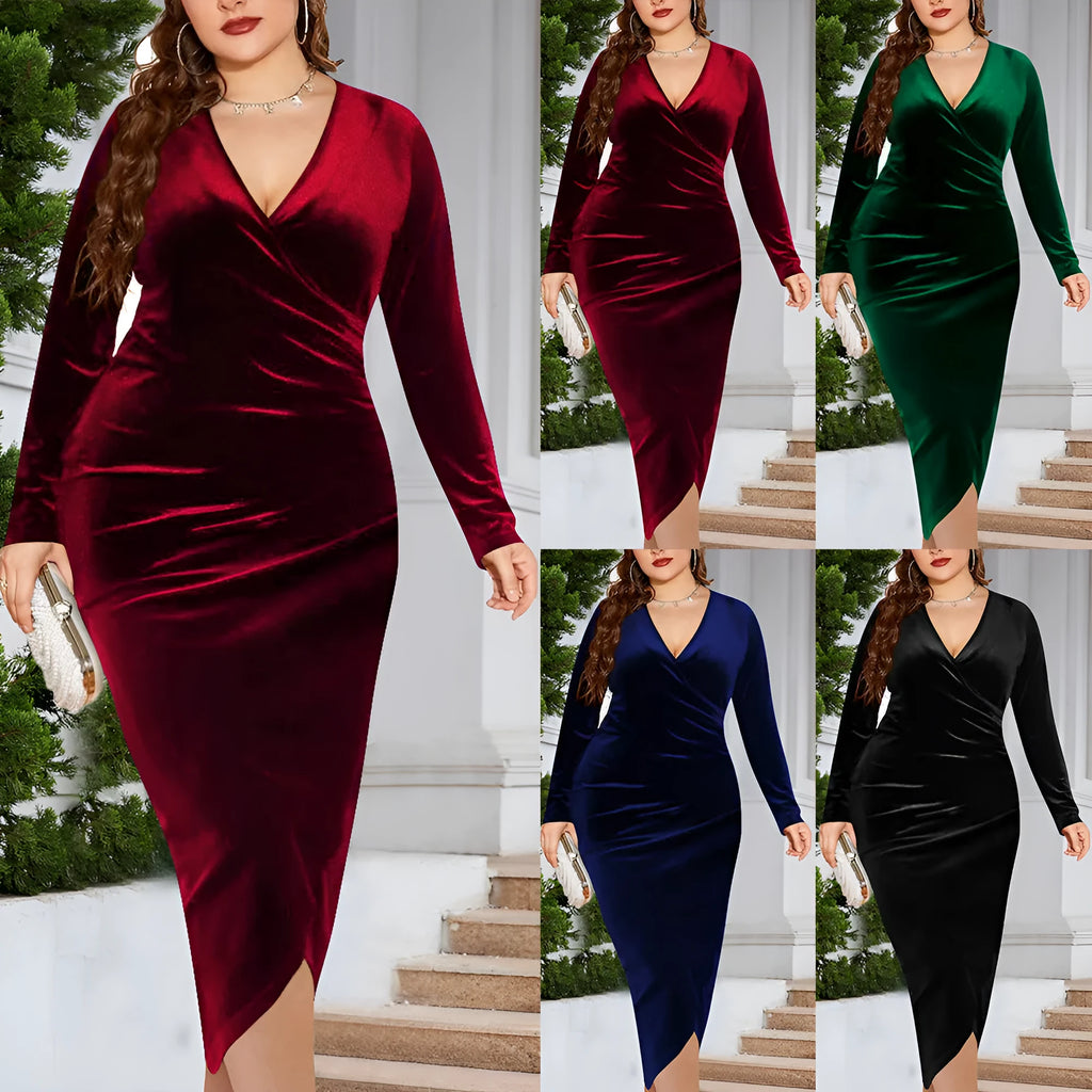Women's red V-neck long sleeve polyester dress on a hanger, plus sizes XL to 5XL.