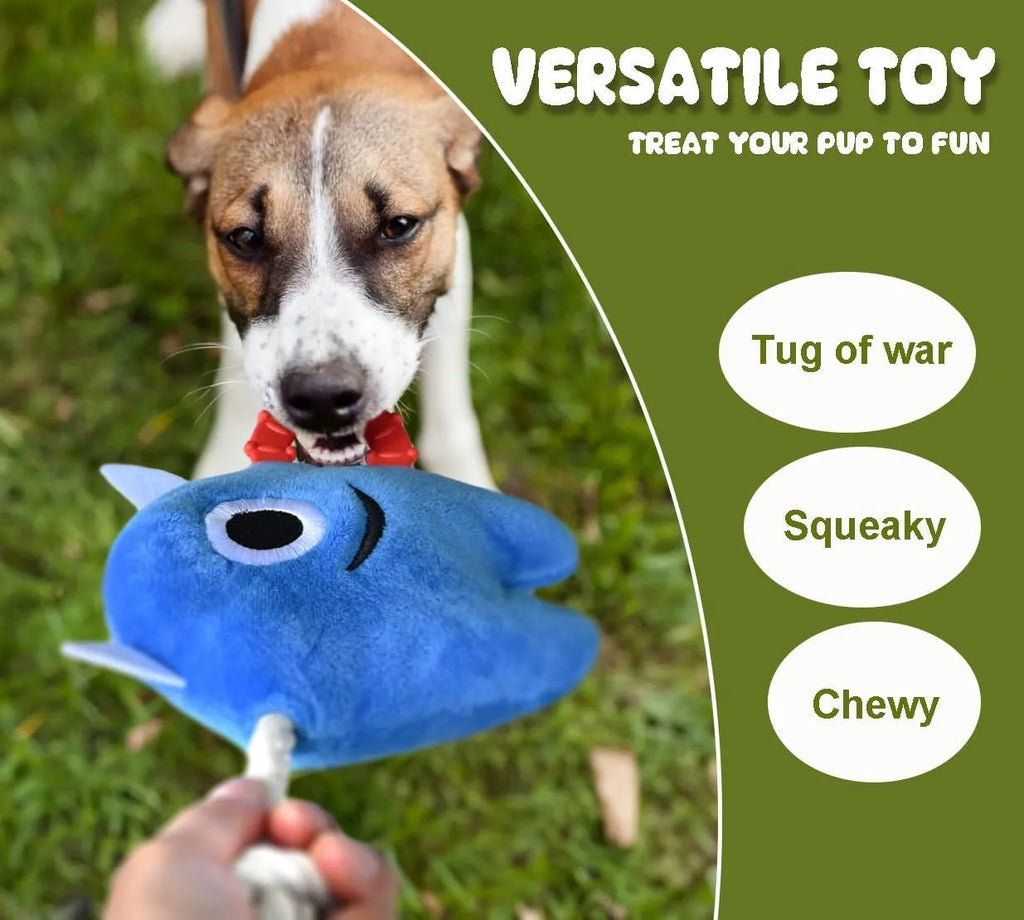 Blue and green plush monster dog toy with cotton rope sections and a squeaker