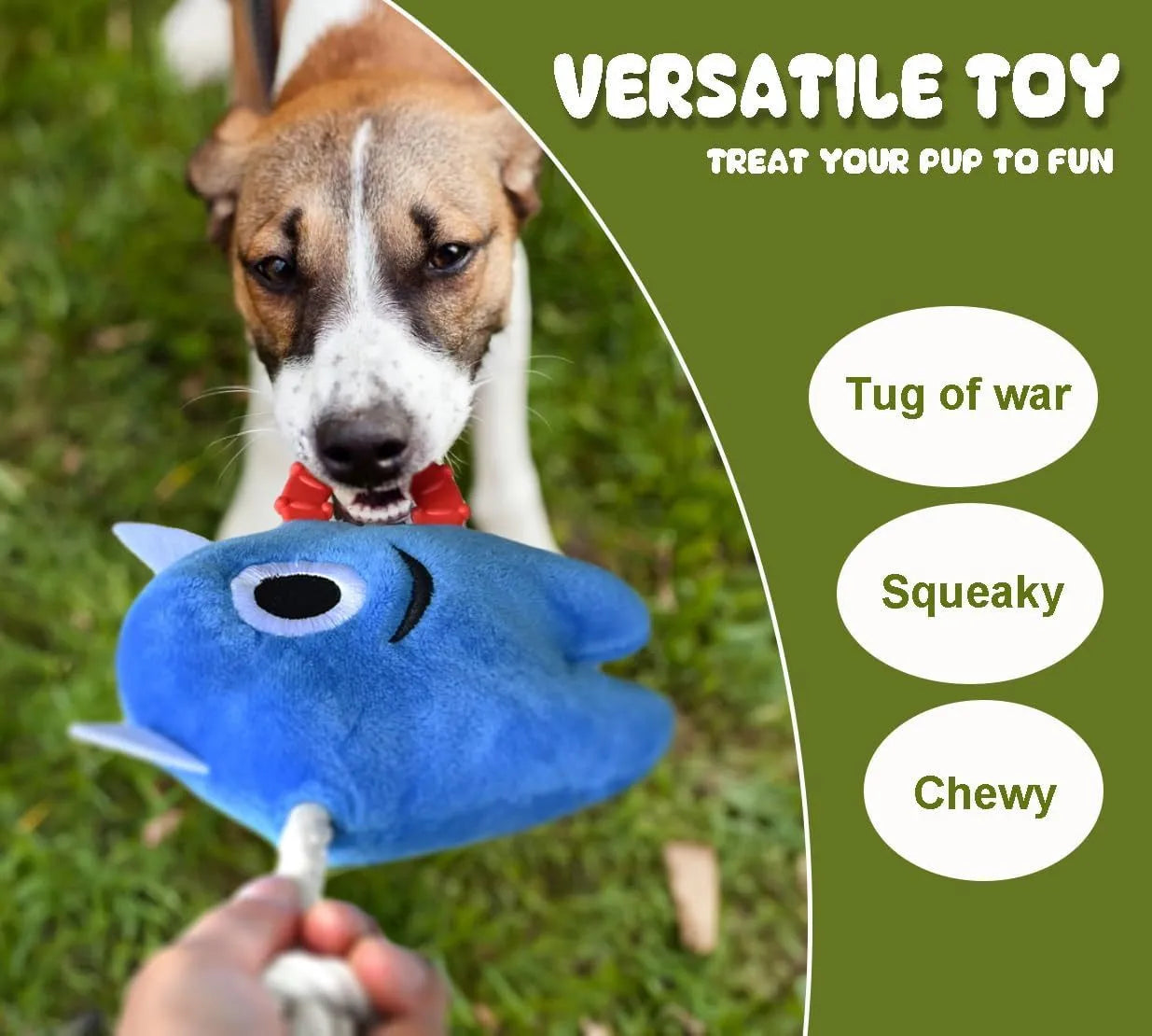 Blue and green plush monster dog toy with cotton rope sections and a squeaker