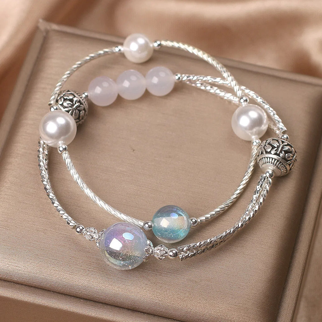 Light blue agate multi-circle twin crystal bracelet for women ethnic style travel gift