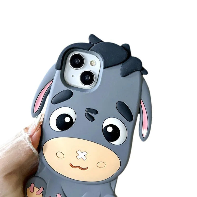Gray silicone phone case with 3D cartoon little donkey design for Apple iPhone