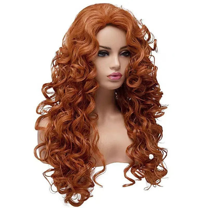 Brown long curly wavy synthetic wig with fluffy texture and built-in cap for cosplay and costume wear