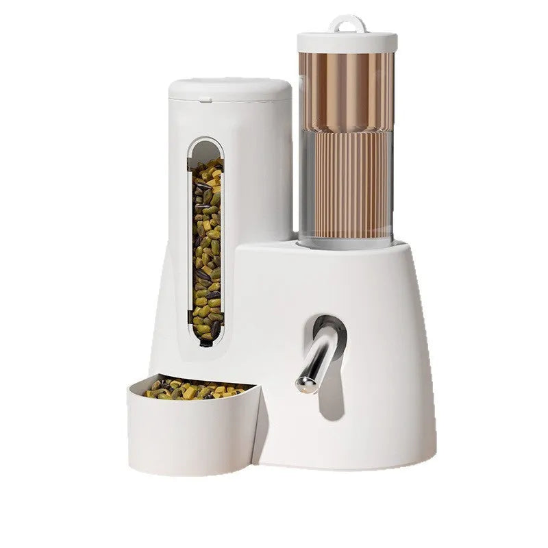 White automatic water feeder and matching food bowl for dwarf hamsters on a blue background.