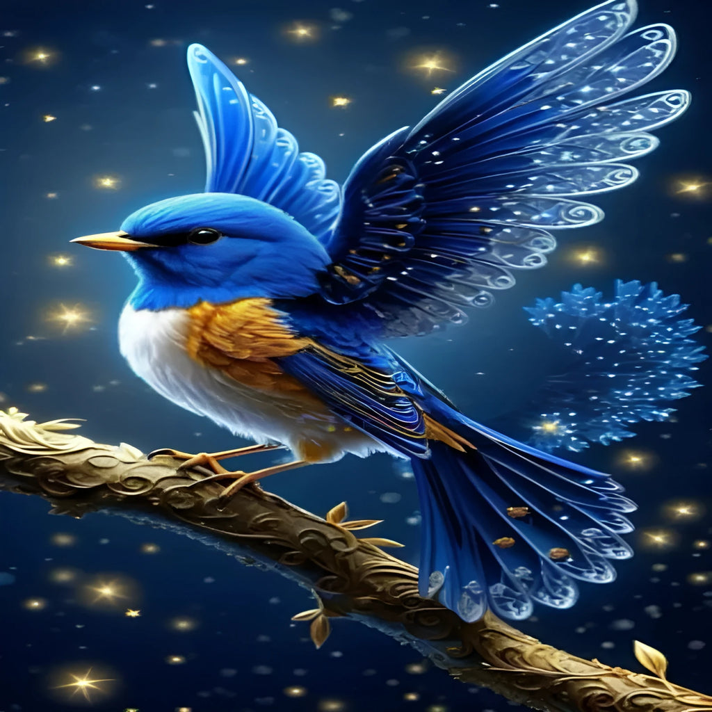 Handmade blue bird diamond painting kit showing 60x100cm canvas with rhinestones.