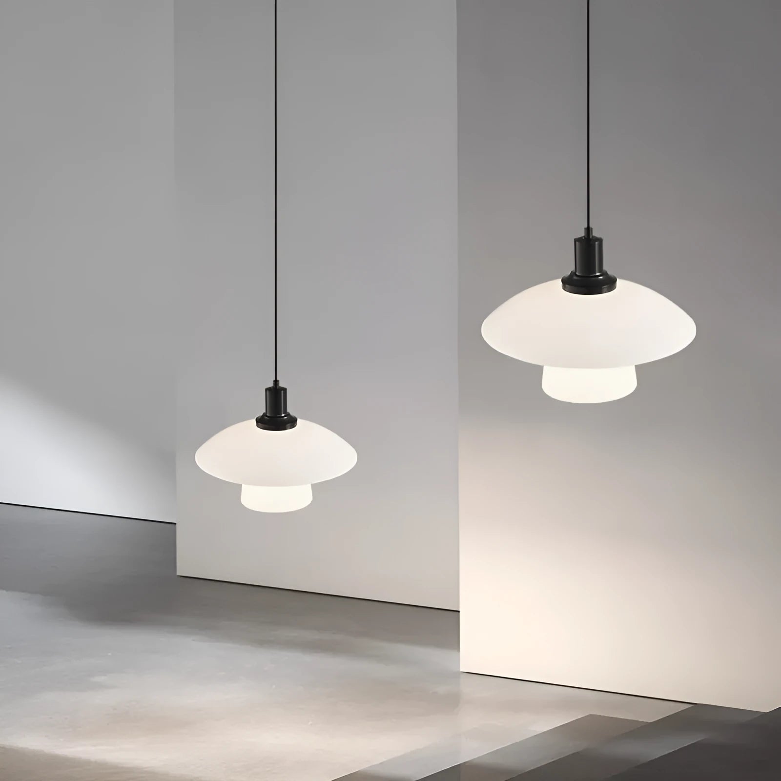 Minimalist black bedside pendant lamp with glass shade and three-colour light fitting