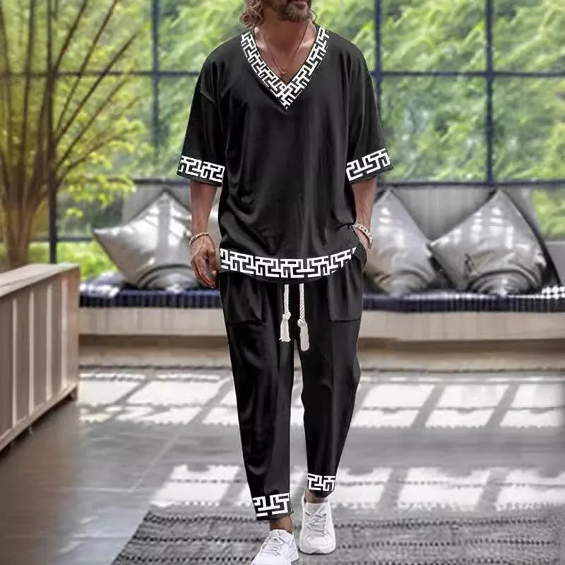 Women's thin polyester cropped sleeve V-neck trousers suit in a co-ord set.