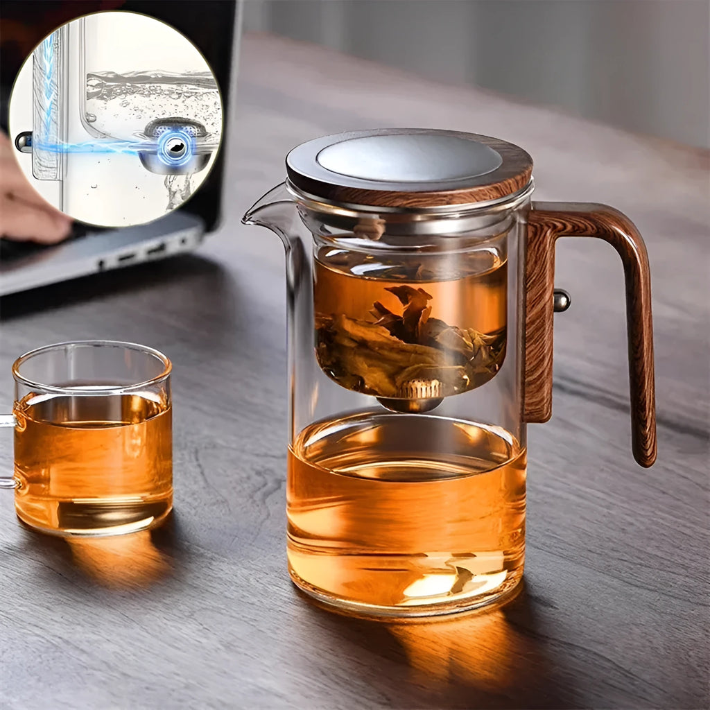 Glass teapot with magnetic separation button, walnut wood handle, and Chinese style design on tea tray