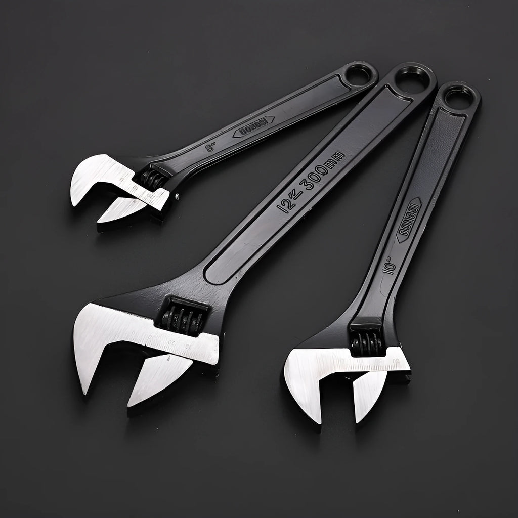 Blackened high carbon steel adjustable open-end wrench spanner showing ergonomic handle