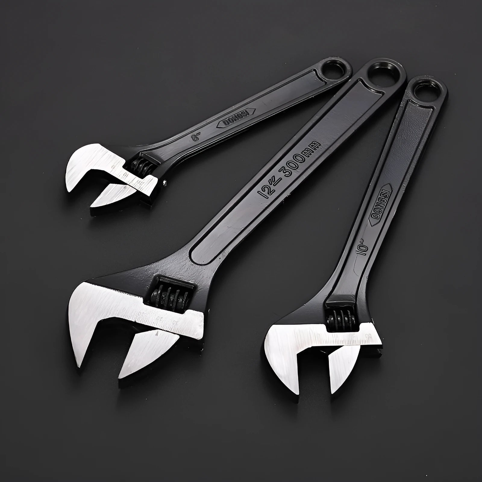 Blackened high carbon steel adjustable open-end wrench spanner showing ergonomic handle