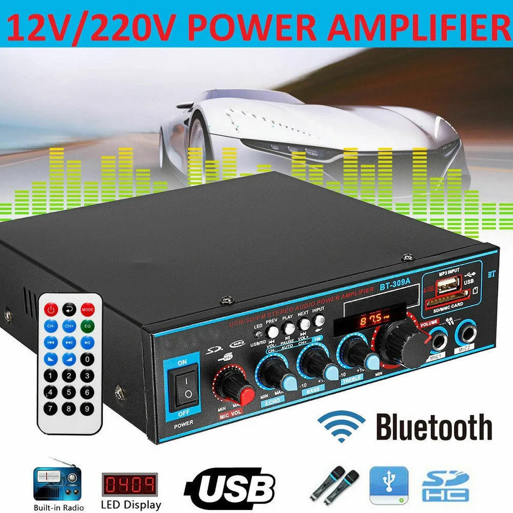 BT-309A-A black power amplifier with Bluetooth and recording functions for home and car audio