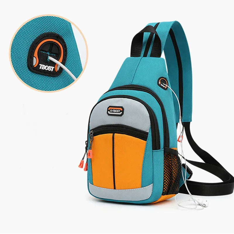 Women's multifunctional Oxford cloth backpack with USB design, medium size, vertical square shape, colour block finish