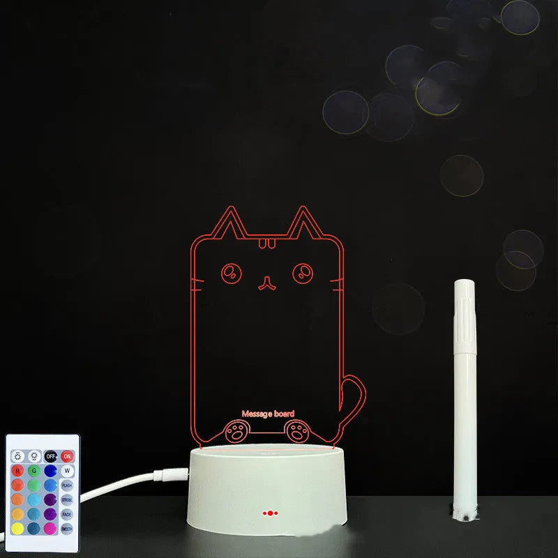 3D acrylic LED message board with touch control, black ABS base, USB cable, and stylus pen on desk
