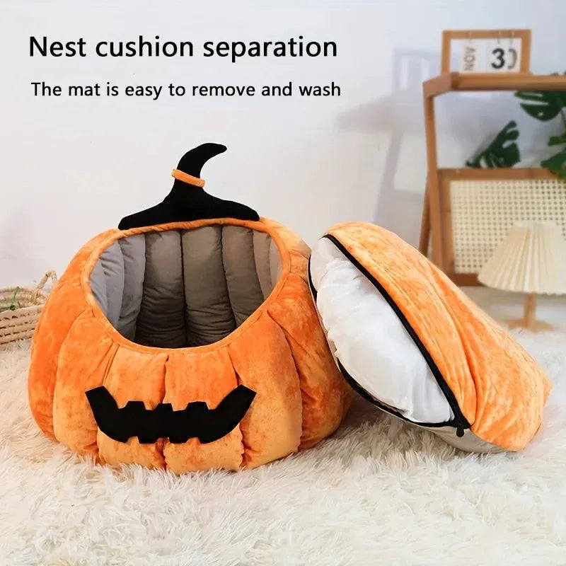 Halloween pumpkin devil design soft plush cat bed for small pets in black, orange, or pink.