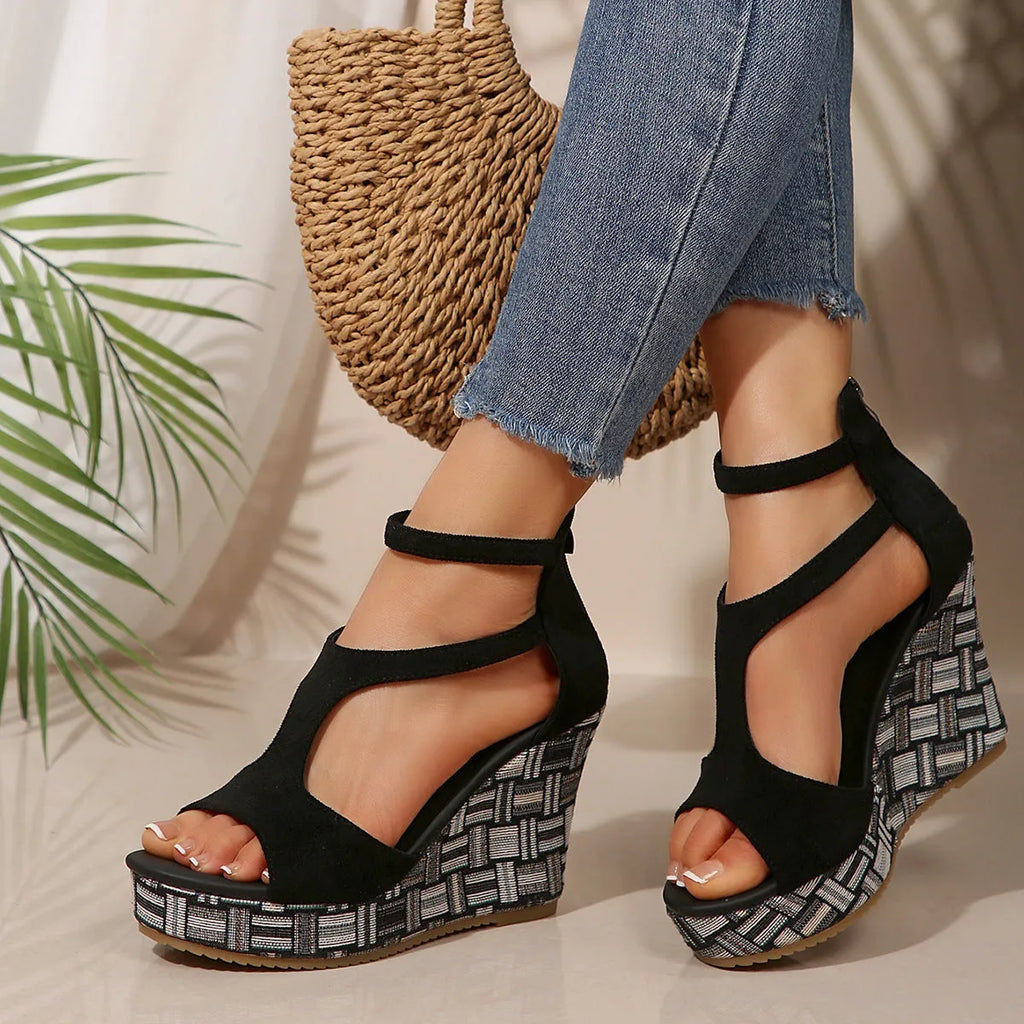 Women's thick-soled ankle-strap buckle sandals with cloth upper and hemp/rubber sole